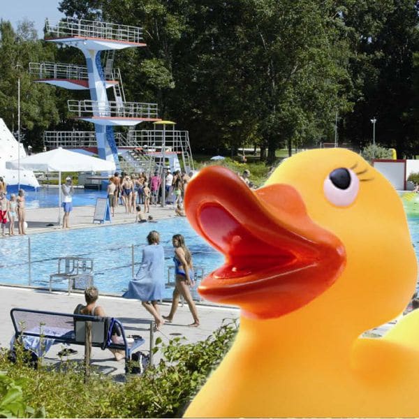 Quietscheente im Vordergrund, dahinter Freibadtreiben