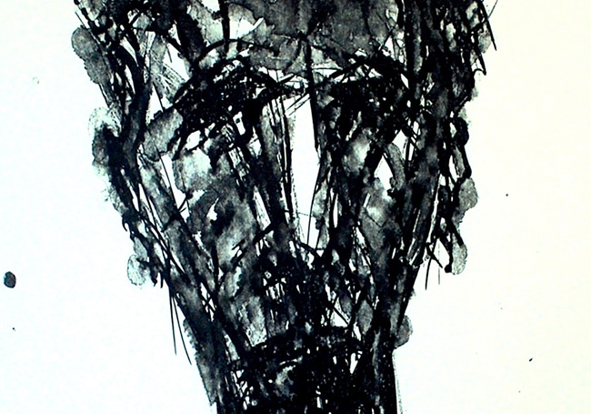 Schwarz-weiße Litographie, die den Kopf eines Mannes zeigt