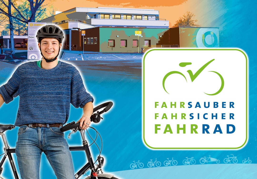 Ein junger Mann mit Fahrradhelm lehnt an seinem Rad.