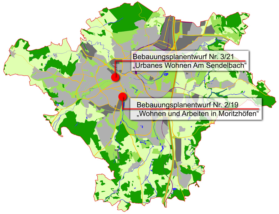 Übersichtskarte mit Verortung der Bebauungsplanentwürfe Nr. 3/21 "Urbanes Wohnen Am Sendelbach" und Nr. 2/19 "Wohnen und Arbeiten in Moritzhöfen"
