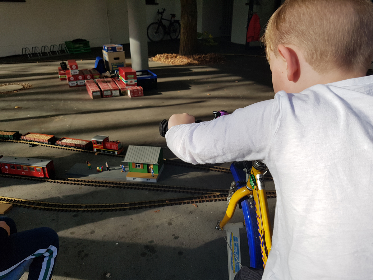 Ein kleines Kind sitzt auf einem Tretrad. Im Hintergrund fährt eine Spielzeugeisenbahn.