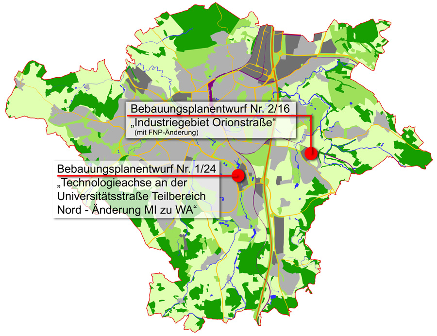 Übersichtskarte mit Verortung der Bebauungspläne Nr. 2/16 "Industriegebiet Orionstraße" und 1/24 "Technologieachse an der Universitätsstraße Teilbereich Nord- Änderung MI zu WA"