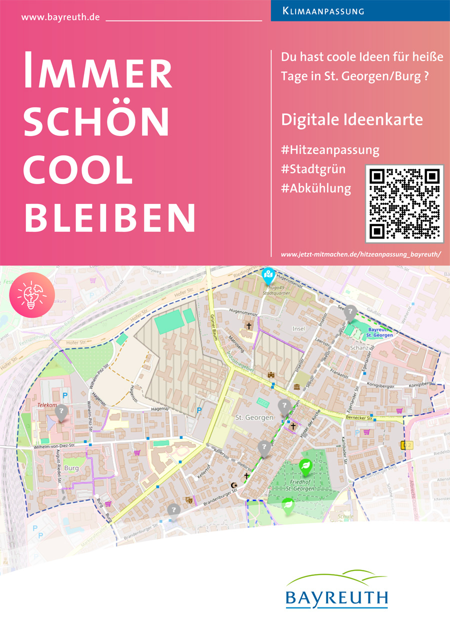 Text: "Immer schön cool bleiben" auf Plakat zur Hitzeanpassungsstrategie in St. Georgen/Burg mit QR Code zur Digitalen Ideenkarte