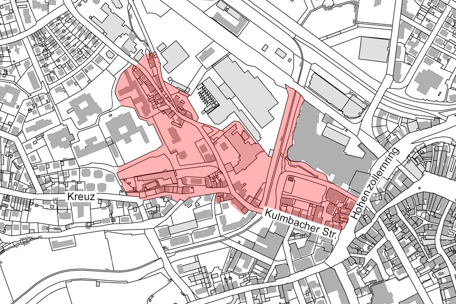 Übersichtsplan im Bereich Kulmbacher Straße, Kreuz, Hohenzollernring mit Darstellung des Sanierungsgebietes "L" als rote Fläche