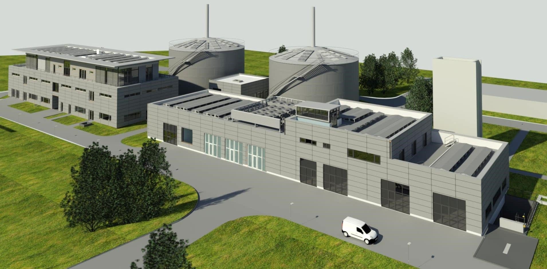 Visualisierung: Im Vordergrund 2 Gebäude, links 2-geschossig mit Staffelgeschoss (Sozialgebäude) und rechts 1,5-geschossig (Energiezentrale, Gasmessraum), dahinter 2 Niederdruckgasbehälter.