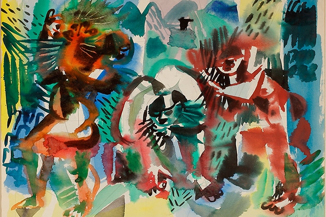 Eduard Bargheer, Drei Personen bei der Ernte, 1948, Aquarell, 46,5 x 65,5 cm