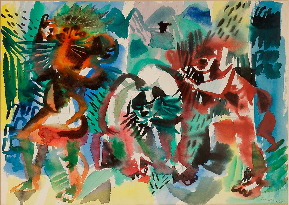 Eduard Bargheer, Drei Personen bei der Ernte, 1948, Aquarell, 46,5 x 65,5 cm