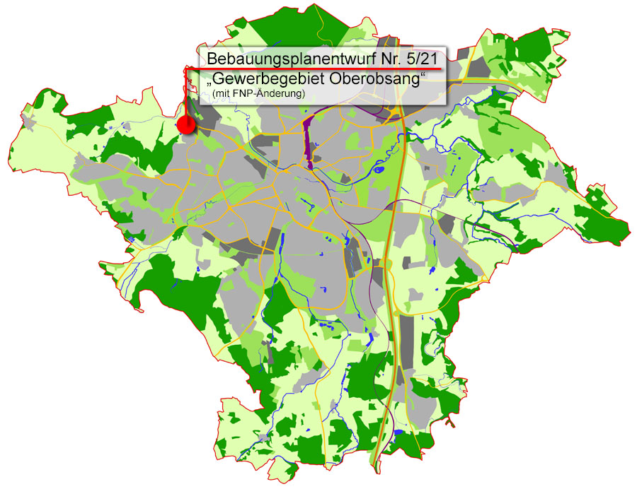 Übersichtskarte mit Verortung des Bebauungsplanentwurfs Nr. 5/21 "Gewerbegebiet Oberobsang"